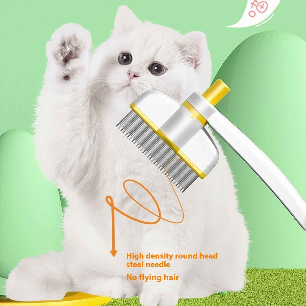 Pet grooming comb brush with dense steel pins, white and yellow, brushing a white cat