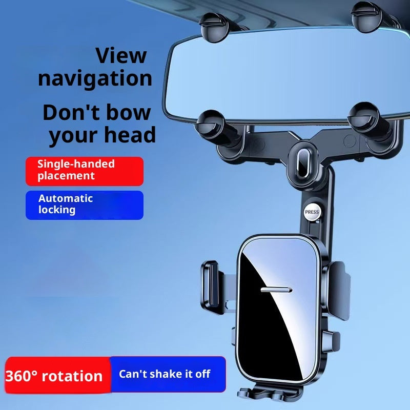 Black clip-on rearview mirror phone holder with secure adjustable cradle