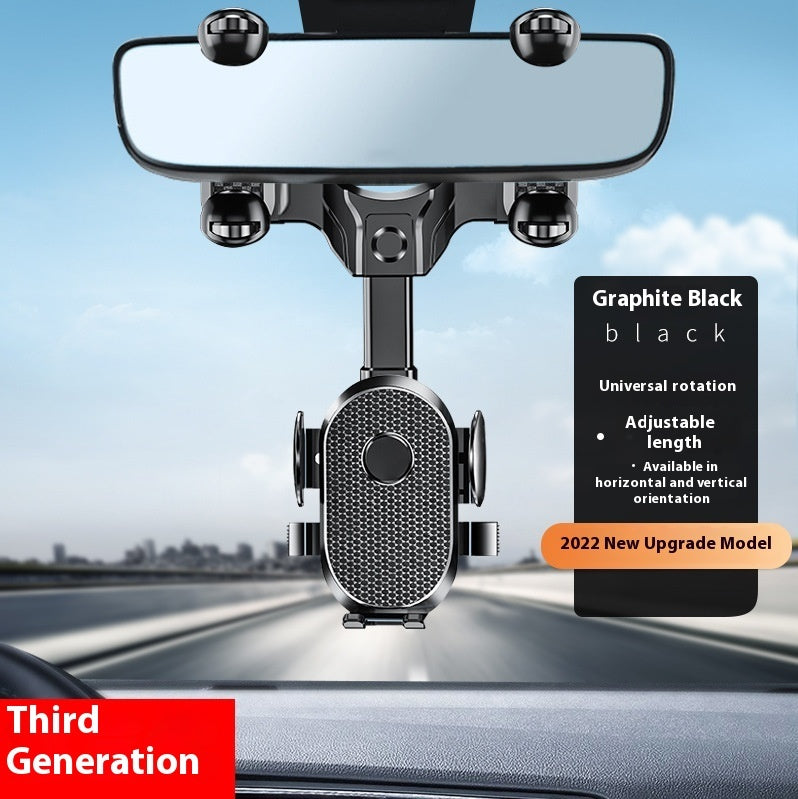 Graphite black clip-on rearview mirror phone holder with textured central speaker-style module