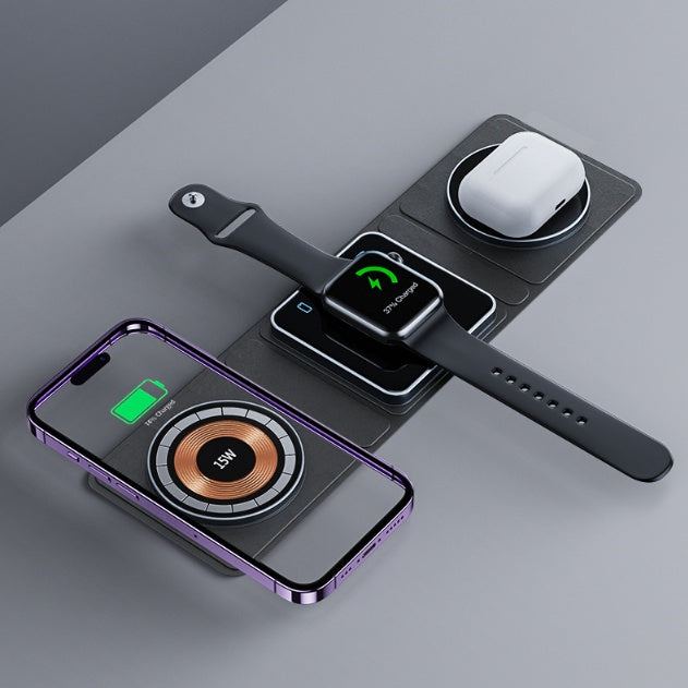 Black 3-in-1 magnetic wireless charger station with phone, watch, and earbuds pads