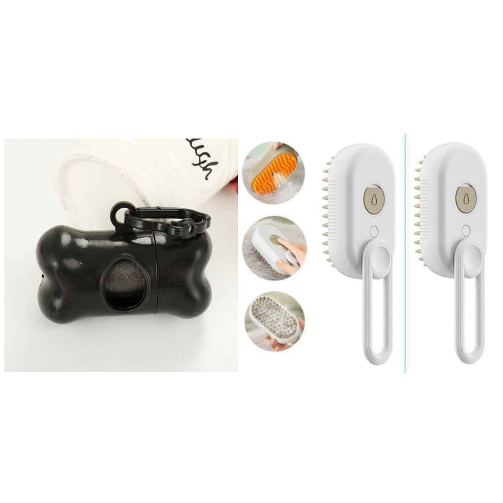 Two white electric pet steam brushes with orange bristle pads and curved handles, side-by-side.