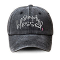 Dark gray washed baseball cap with embroidered "Simply Blessed" script, stitched brim