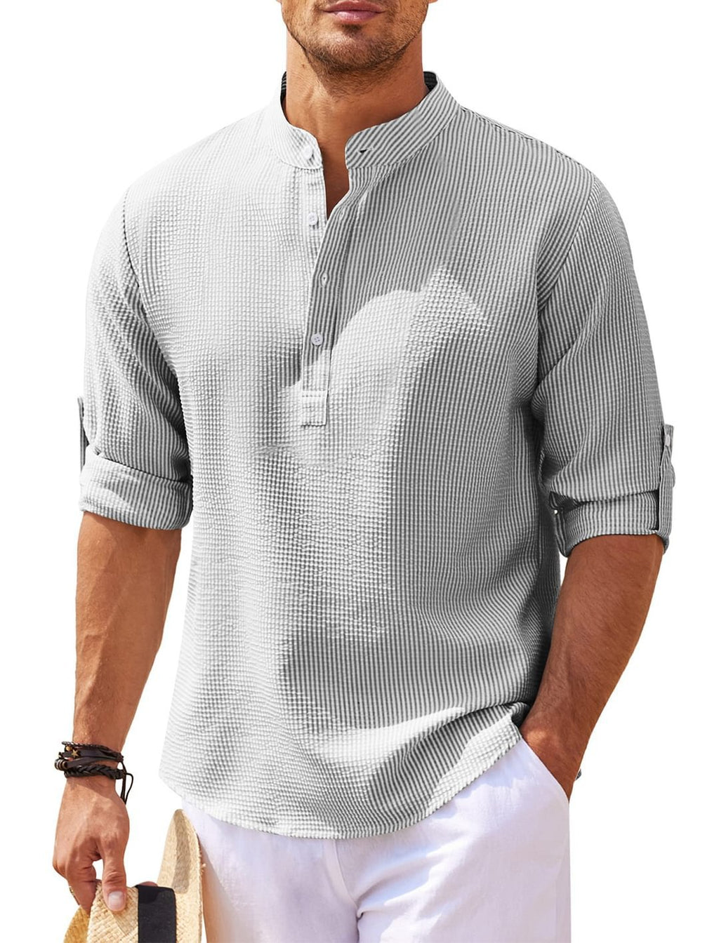 Men's long-sleeve stand-collar shirt in gray with button placket