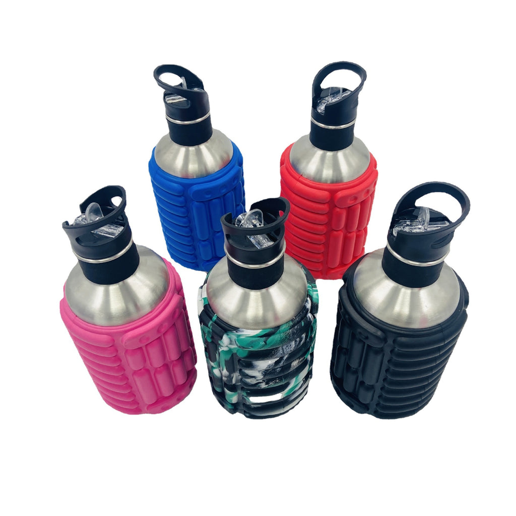 Assorted massage water bottles in blue, red, pink, black, and patterned styles