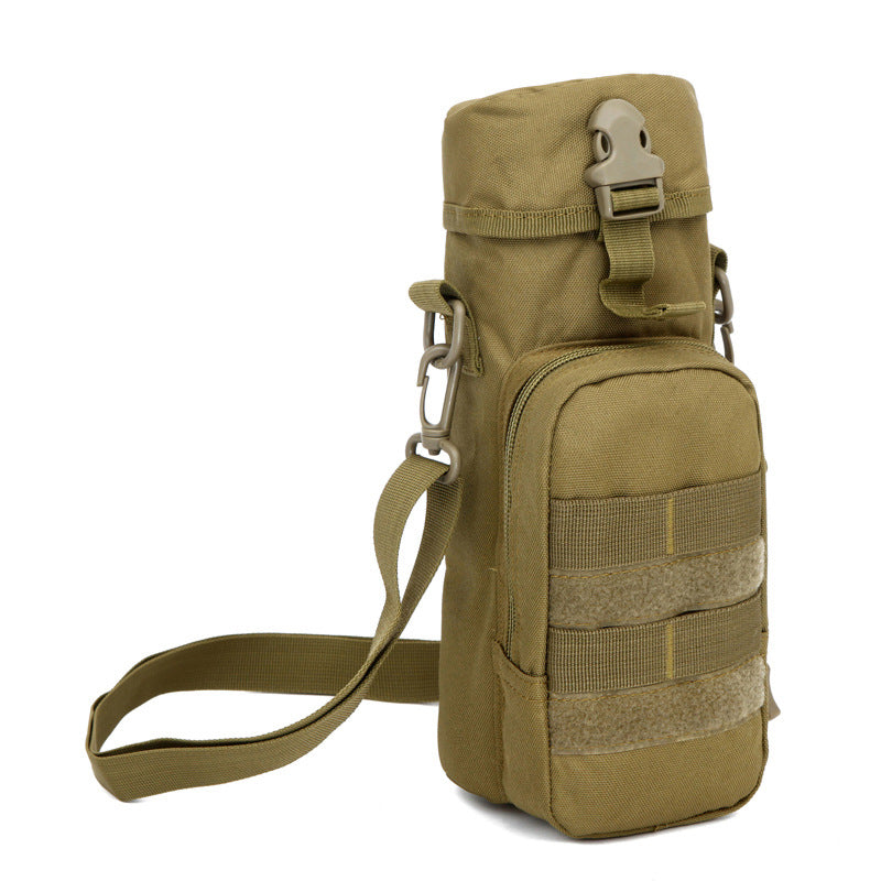Khaki water bottle cover shoulder bag with top carry strap and multiple front organizer panels