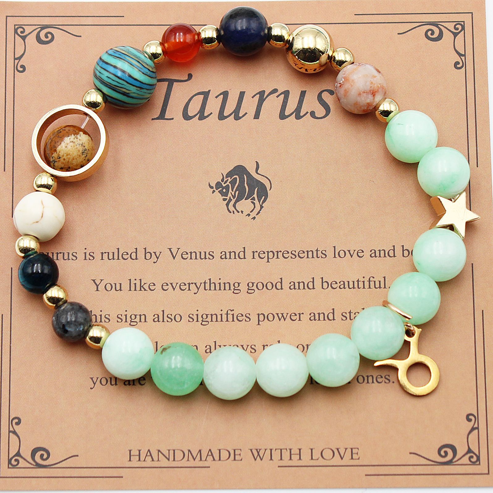 Beaded zodiac bracelet with mint green beads, gold spacers, star charm and gold key charm