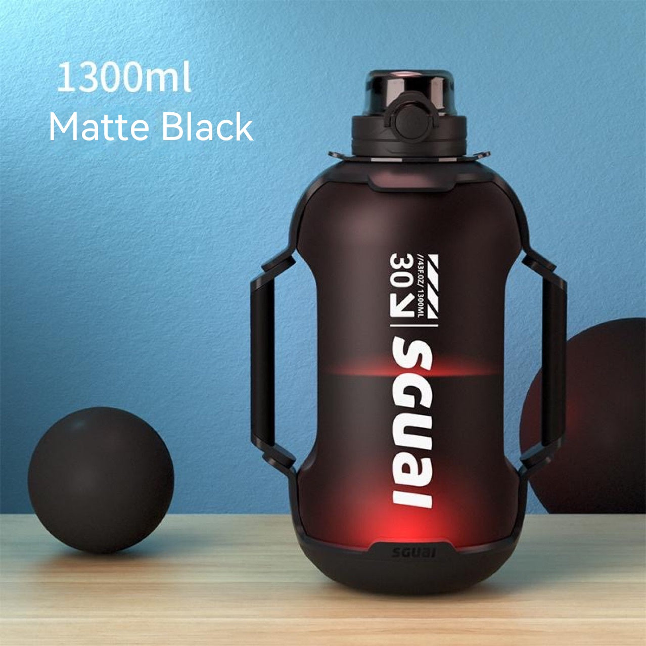 Matte black sports water bottle, 1300 ml, with flip-top cap and side grips