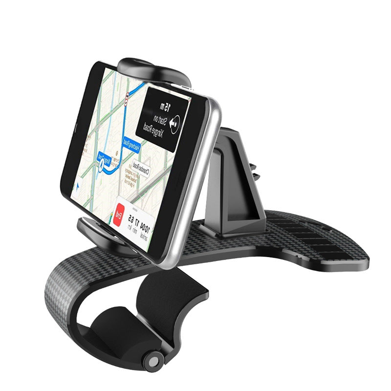 Snap-on car phone holder with smartphone, carbon-texture base and adjustable arms