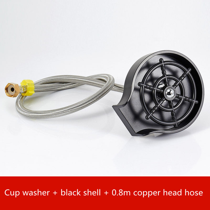 Cup washer sprayer head with black nozzle wheel and braided hose with brass fitting