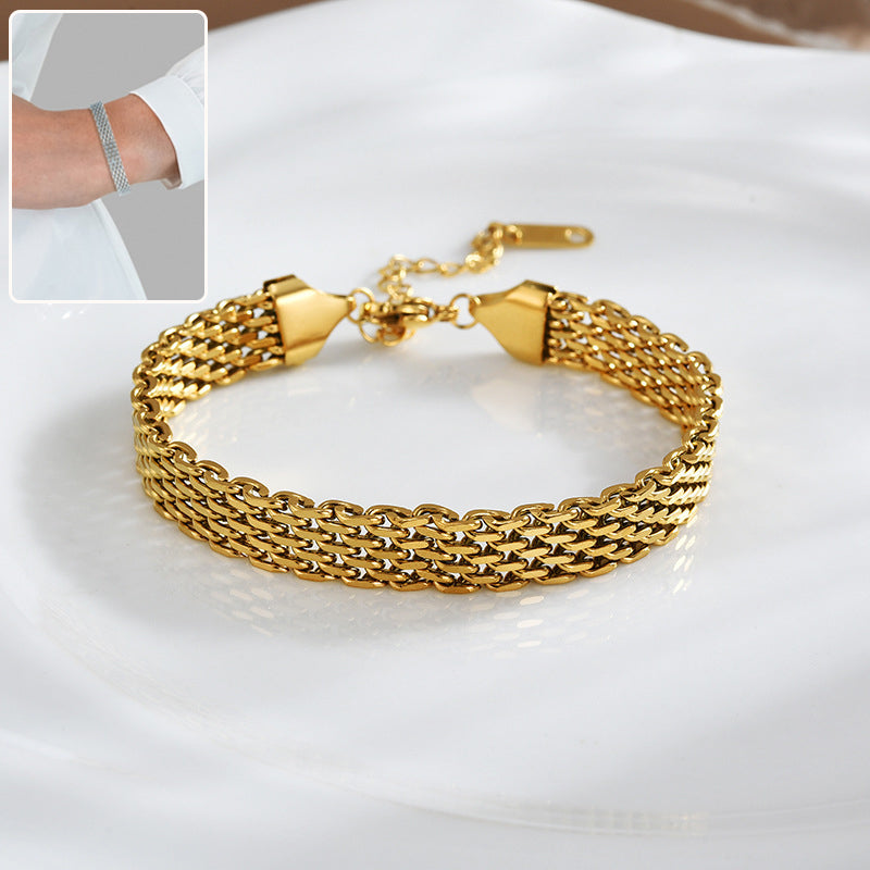 Gold chain bracelet with toggle clasp, flat link mesh style