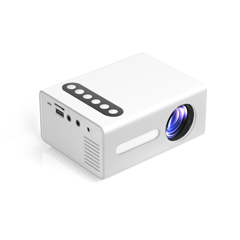 White mini projector angled view with lens, speaker grille, and top remote buttons