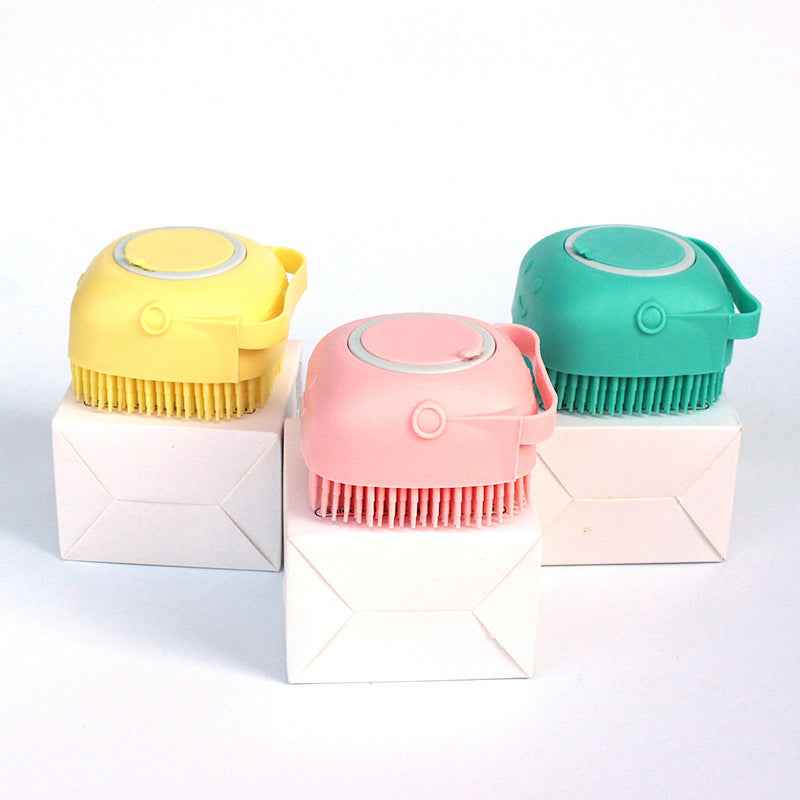 Silicone pet bath massage brush set, yellow, pink, and teal heads with bristles