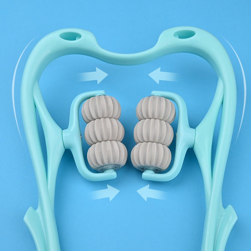 Teal neck massage roller with six ribbed wheels and open U-shaped frame